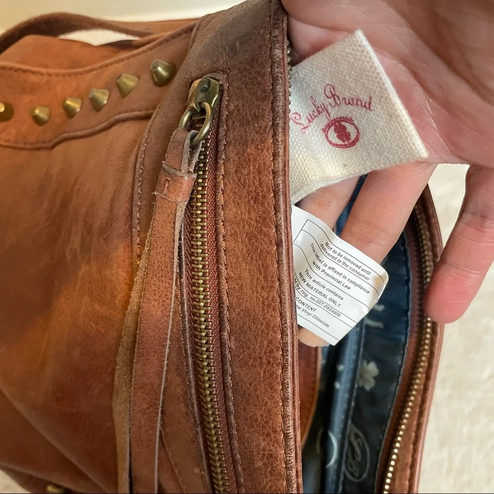 Lucky Brand Dixie Crossbody Bag Brown Distressed Leather Studded Handbag Purse - Picture 5 of 10